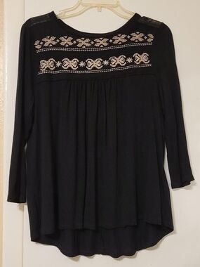 Forever 21 Black Long-Sleeve Embroidered Yoke Top